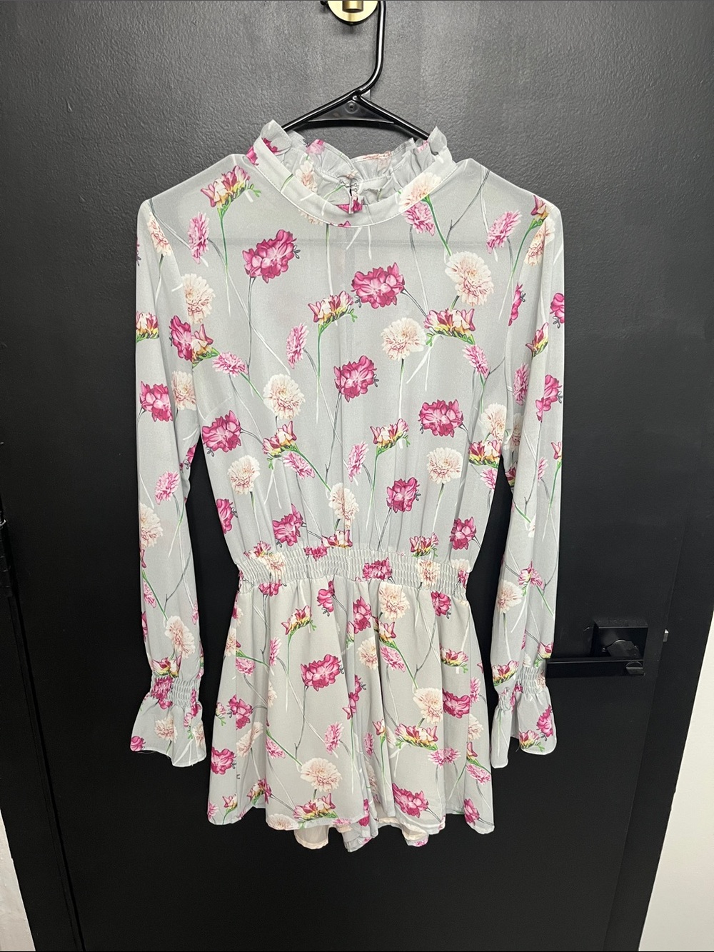 Endless Rose Light Gray Floral Ruffle Neck Blouse - Pink & Cream Flowers